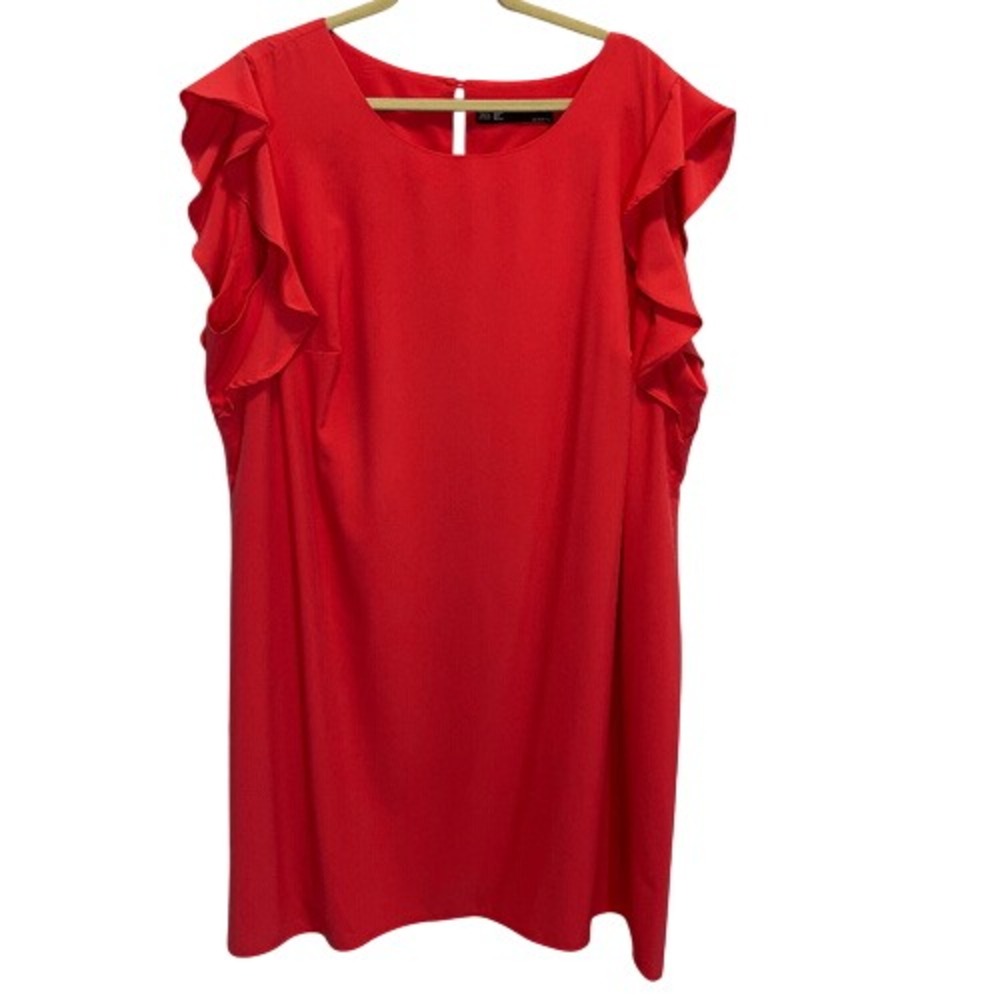 Leslie Fay Red Ruffle Sleeve Shift Dress Plus Size 22W Lined Scoop Neck